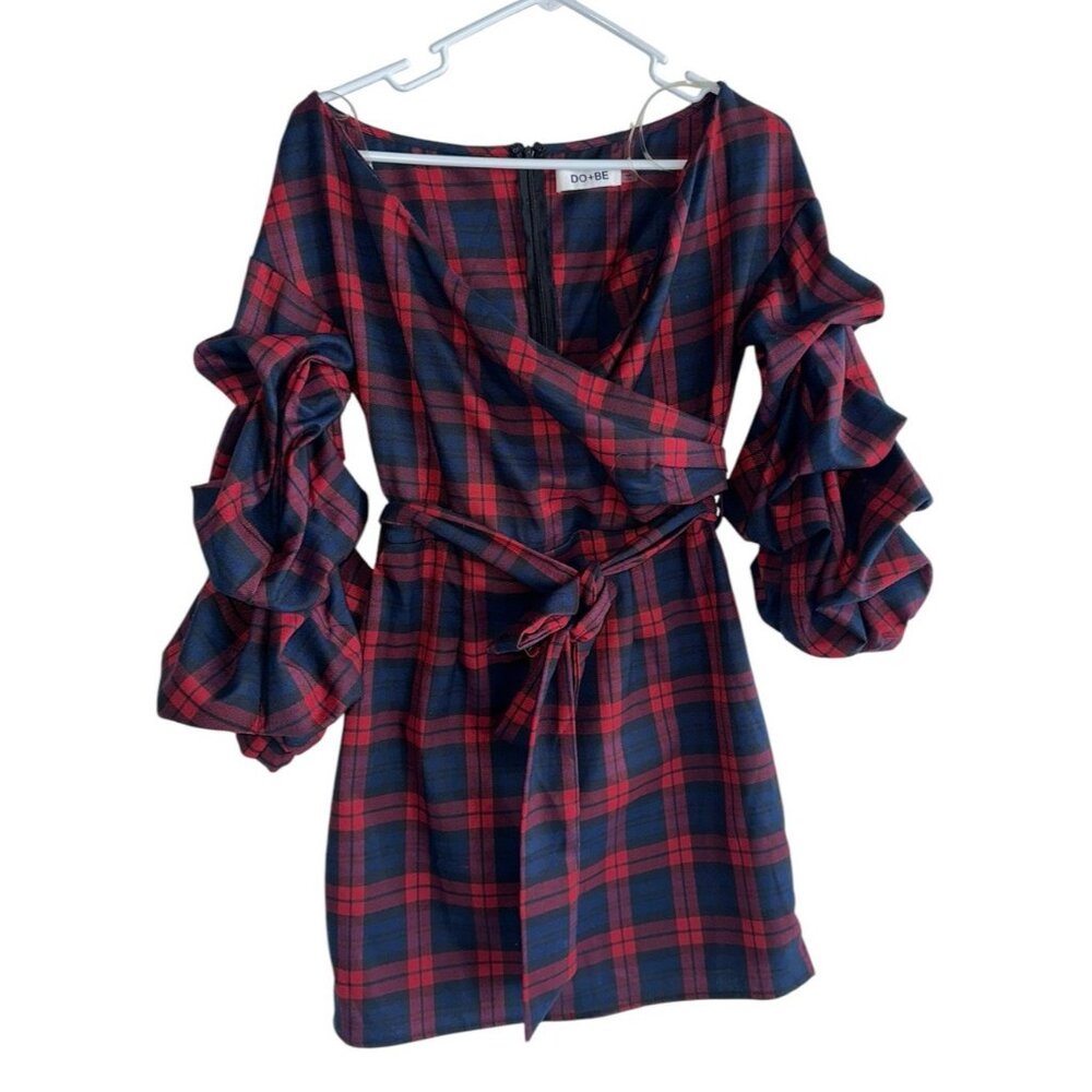 Do+Be Red & Navy Plaid Wrap Dress with Ruffle Sleeves